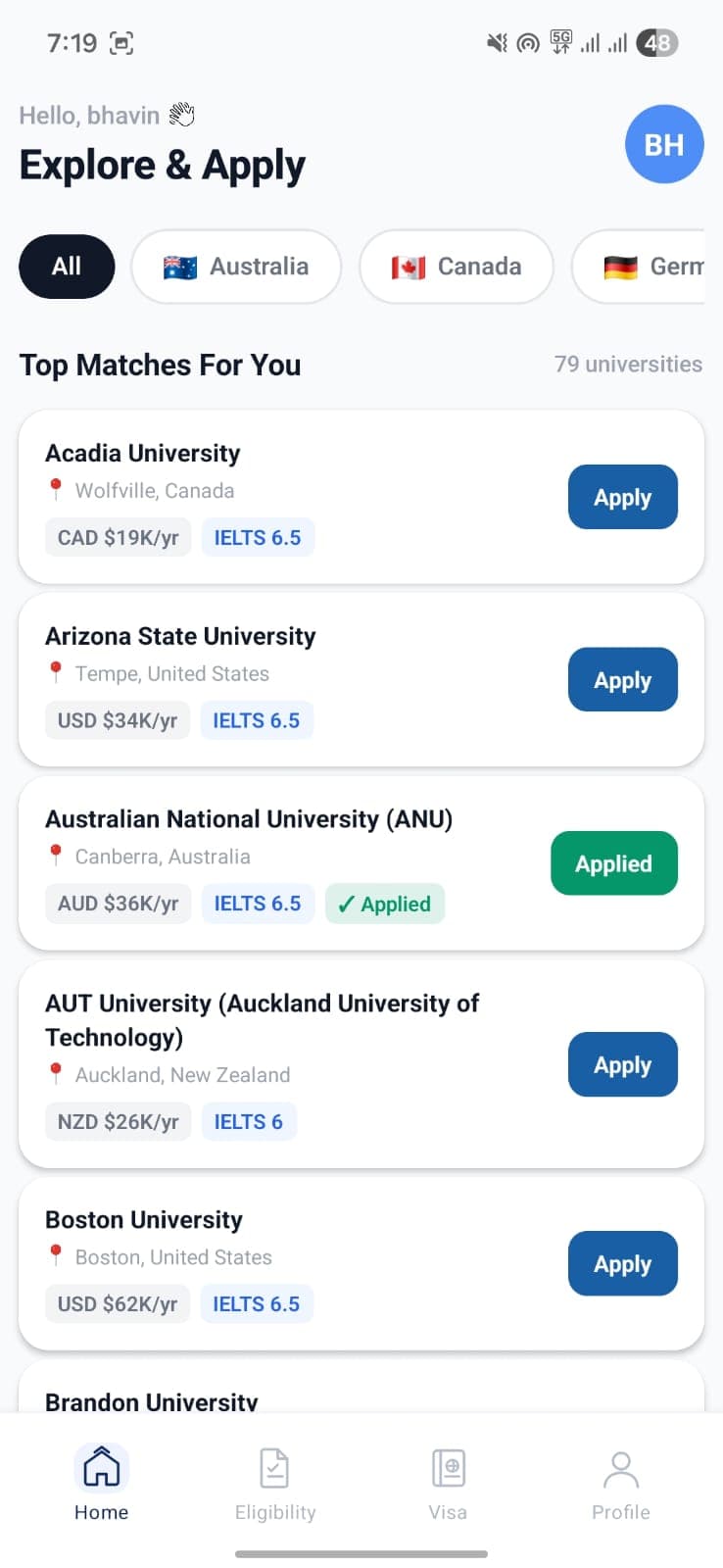 Explore & Apply — browse top university matches